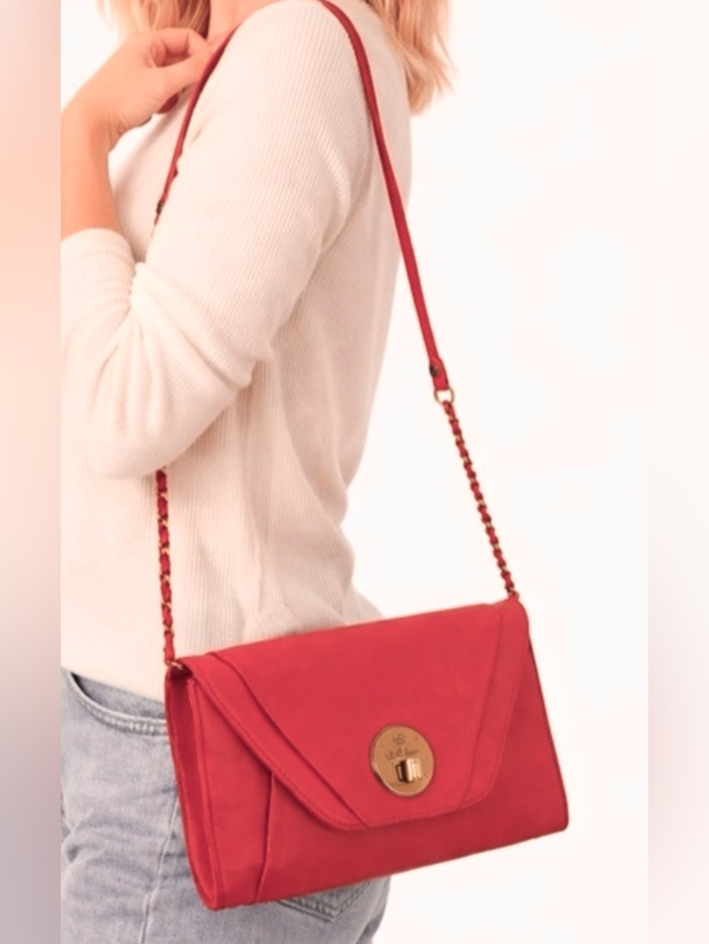 Elliott Lucca Cordoba Salmon Pink Leather Crossbody Clutch Gold Tone